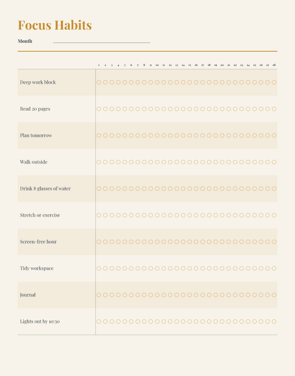 Printable Focus Habit Tracker, 28 Day Productivity Routine Checklist, 11x14 Large Wall Habit Chart, Slate and Mustard, Instant Download PDF