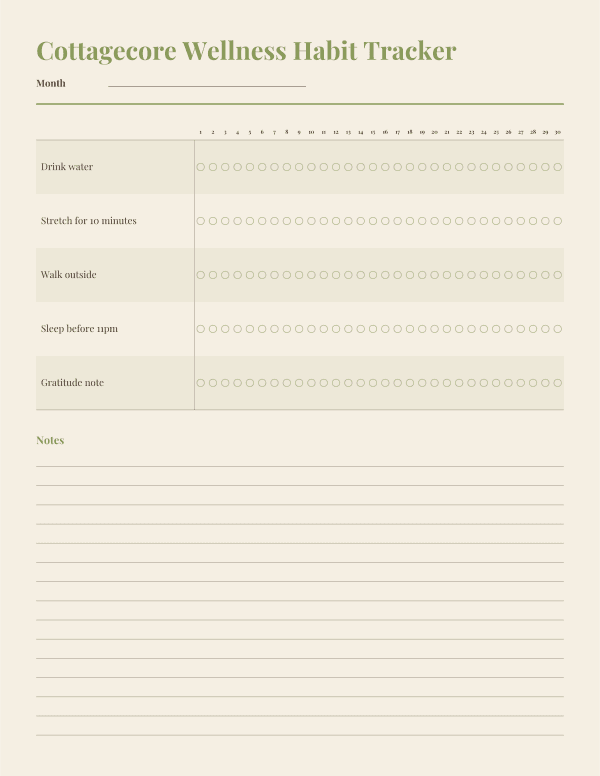 Cottagecore Wellness Habit Tracker, 30 Day Printable, Cream and Sage, Letter Size PDF