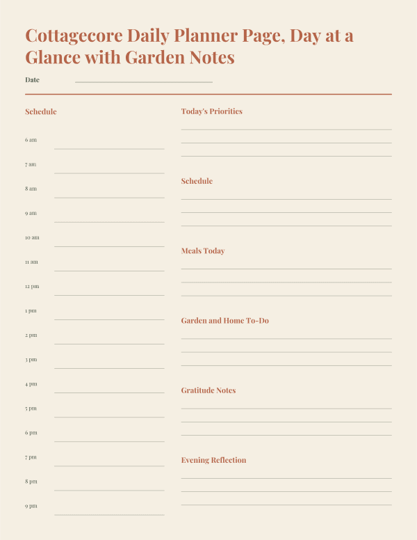 Cottagecore Daily Planner Page, Day at a Glance with Garden Notes